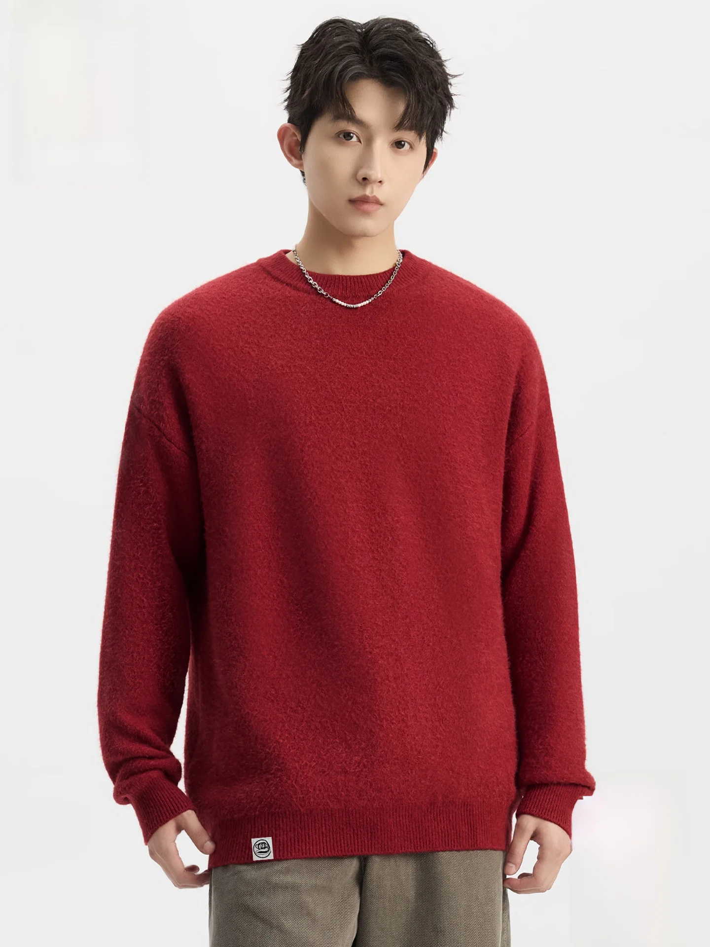 

Thiened One-Piece Fce round Ne Knitwear Men's Wine Red Autumn Winter Warm Faionable Long Sve Sweater