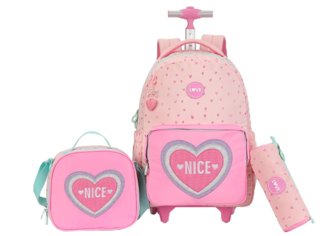 Heart Style Travel Trolley Bag Girls Rolling Backpack School Wheeled Backpack Bag with lunch bag Wheeled Trolley Backpack Girls