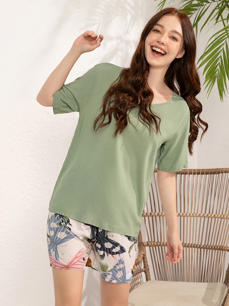 Women Pajamas Set Viscose Plus Size S-3XL Short-Sleeved T-shirt Shorts Loose for Home Sleepwear Pjamas