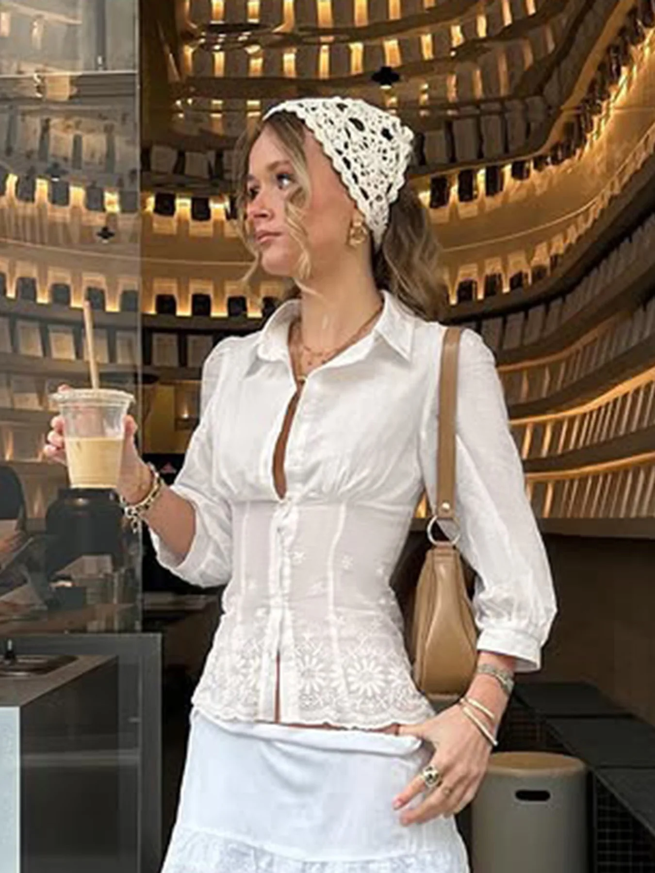 

French style retro lantern sleeve lace cinched waist slimming design mid sleeve shirt women