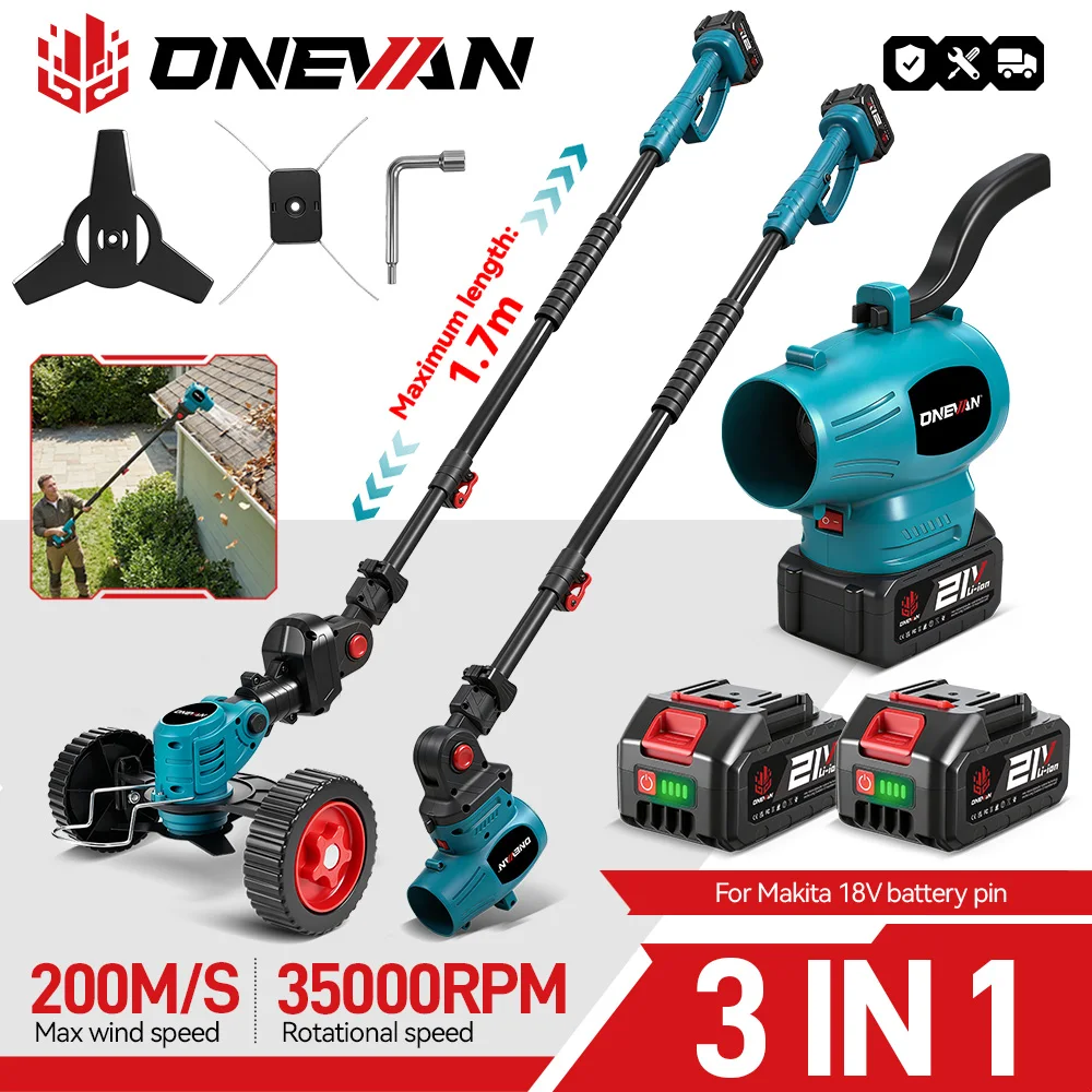 ONEVAN 3-in-1 Rasentrimmer- und Laubbläser-Set, kabelloser elektrischer Rasenmäher, Gartengerät zum Grasschneiden, kompatibel mit Makita 18V Akku.
