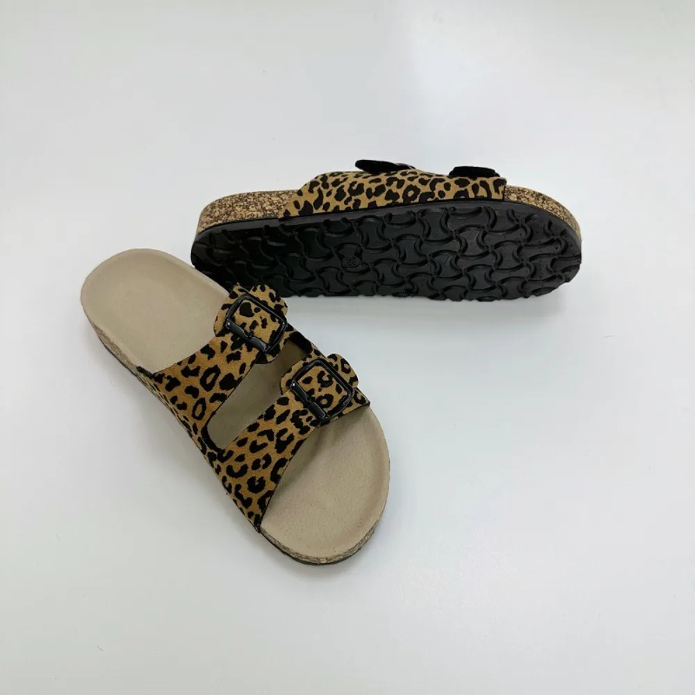 Women\'s Leopard Print Slippers Cork Slippers Women\'s Summer Non-slip Outdoor Flat Bottom Beach Sandals Woman Flat Slippers