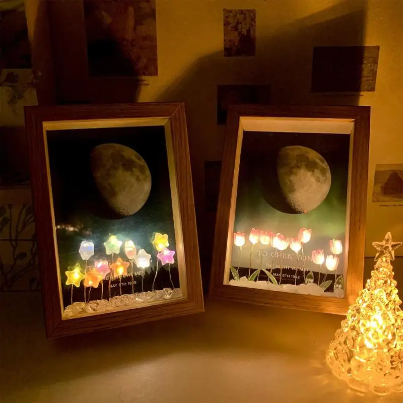 Tulipas Photo Frame Night Light, Flor Picture Frame, Luz Decoração Móveis, USB Powered