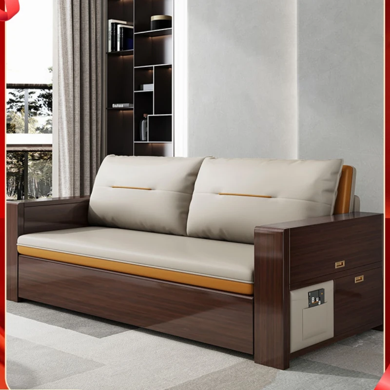 New Solid Wood Sofa Bed with Multifunctional Folding, Pushing, and Pulling Capable of Forming a Bed