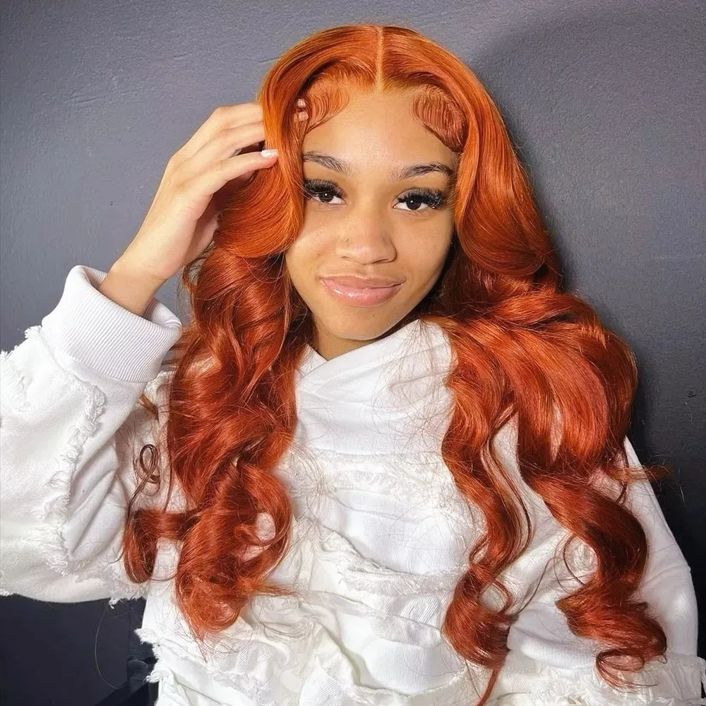 Human Hair Wig 30 Inch HD Transparent Brazilian Body Wave Colored Orange Ginger 13x4 lace front Lace Frontal Wig For Women