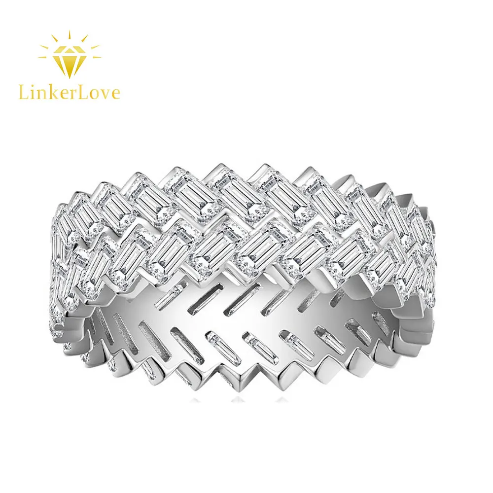 

LinkerLove S925 Silver Emerald Cut Eternity Moissanite Band for Women Stackable Promise Ring White Gold Plated Luxury Jewelry