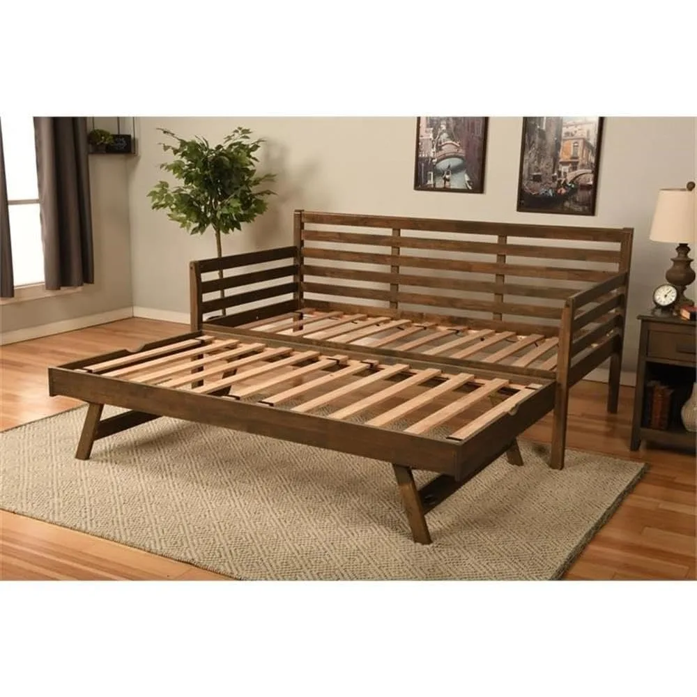 Twin to King Size Daybed with Pop Up Trundle in Wood in Rustic Walnut, No Box Spring Needed, Easy Assembly, Up to 500 lbs Weight