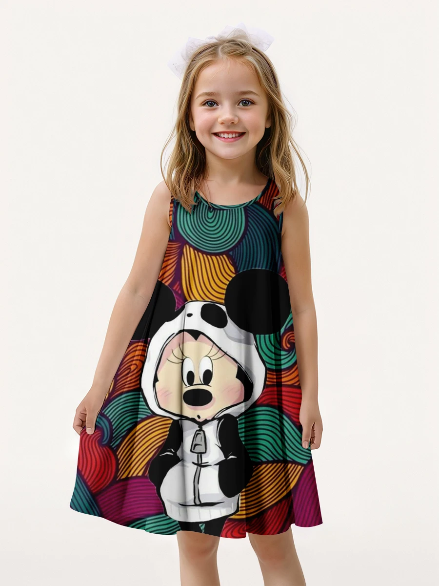 MINISO New Summer Girl Dress Mickey Mouse 3D Printed Cartoon Print Disney Fashion Girl Sleeveless Dress Fashion Party Princess