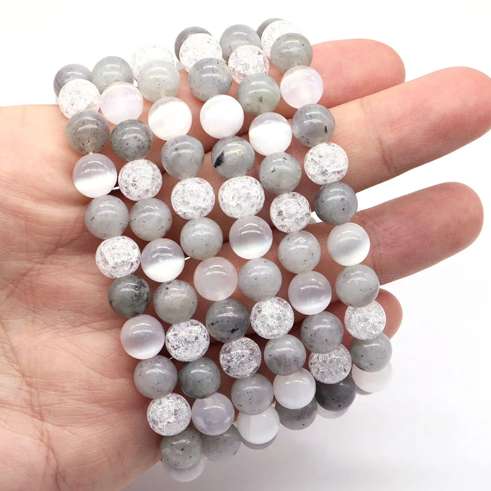 6 8 10mm Natural Healing Crystal Yoga Stone Beads Bracelet Labradorite Gypsum Quartz Jewelry Elastic Bangle Couple Gift Lady