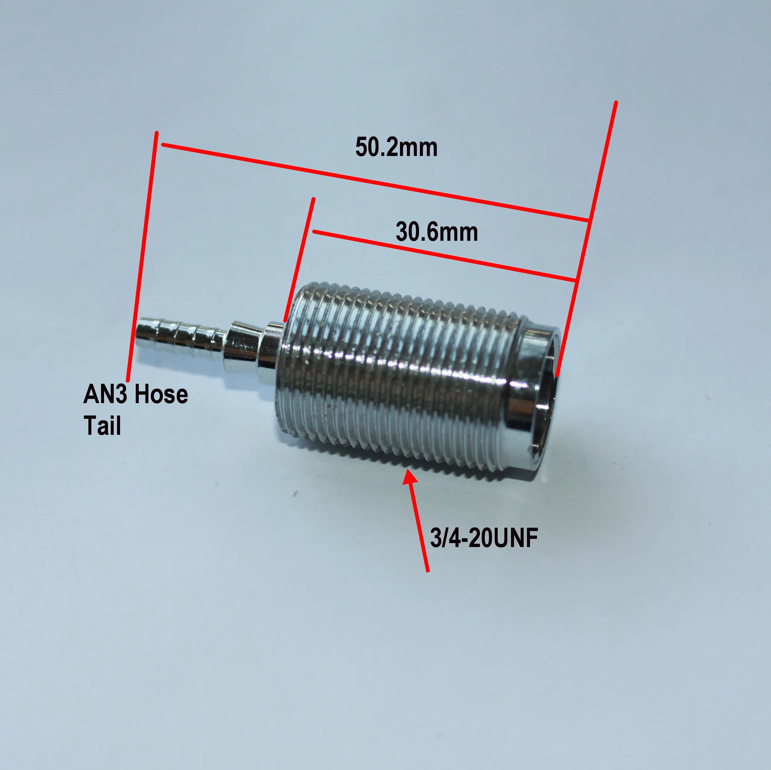 

Chrome, Male 3/4-20 UNF, Female 5/16-32, Bulkhead, Adapter, Fitting, Conc Flare, AN3 Barb Tail, 1114