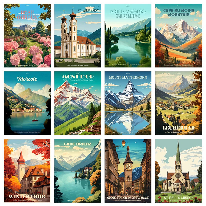 Vintage Switzerland Canvas Painting Prints Cape Au Moine Mountain Bern City Poster Picture for Living Room Home Decor Framele