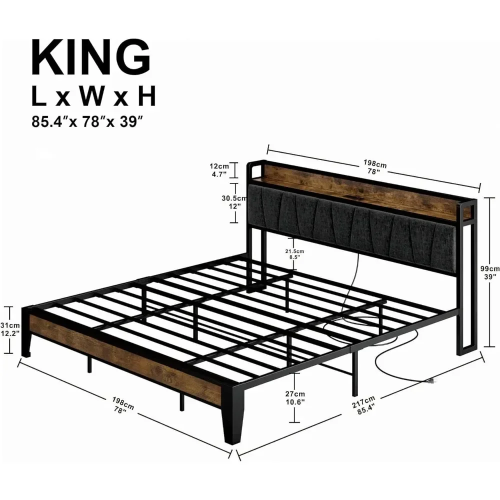 King Bed Frame with 4 Storage Drawers, Platform Bed with Charged Headboard, Sturdy and Stable, Noise Free, Vintage Brown - Grey