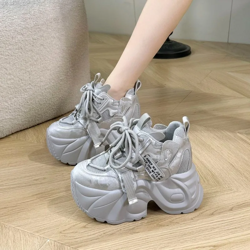 

2026 New 12CM Genuine Leather Women Platform Wedge Fashion Lace Up Shoes Vulcanize spring Net side Chunky Sneaker Ladies Fashion
