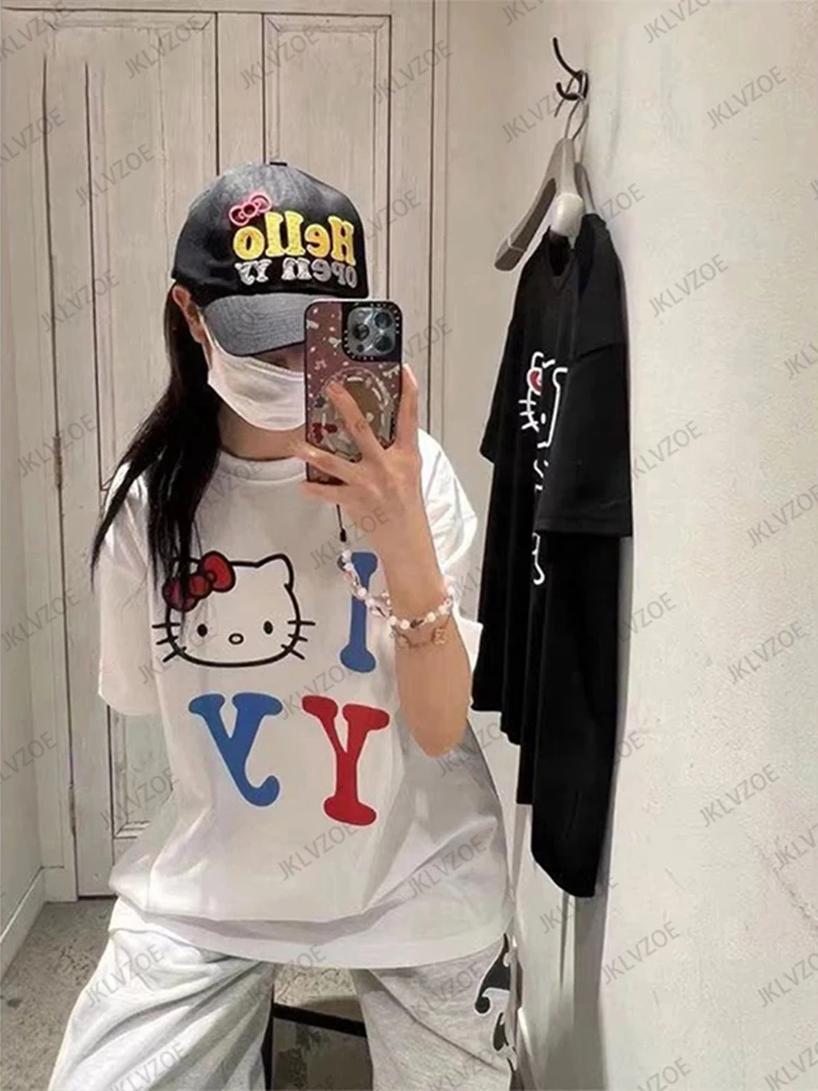 

Новая летняя футболка для женщин, хлопковые футболки с короткими рукавами и круглым вырезом с принтом «Hello Kitty», повседневные модные корейские трендовые топы