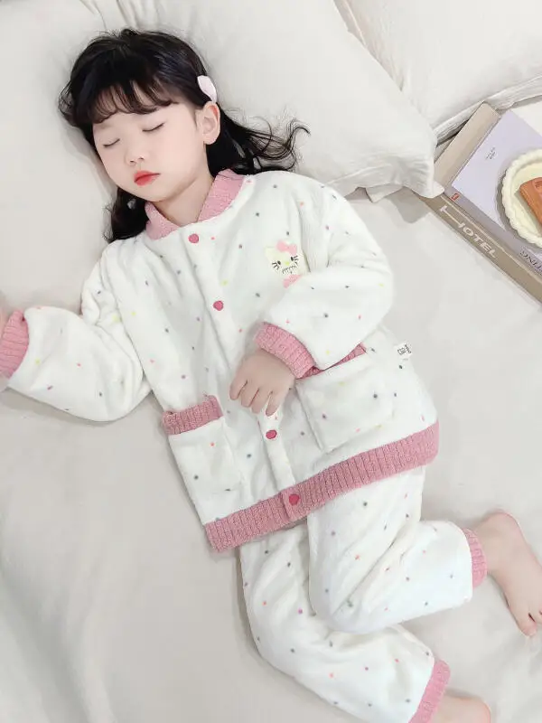 

2Pcs Hello Kitty Girls Pajamas Set Autumn Winter Sanrio 2025 New Cute Fashionable Children's Cartoon Cardigan Home Clothes Baby