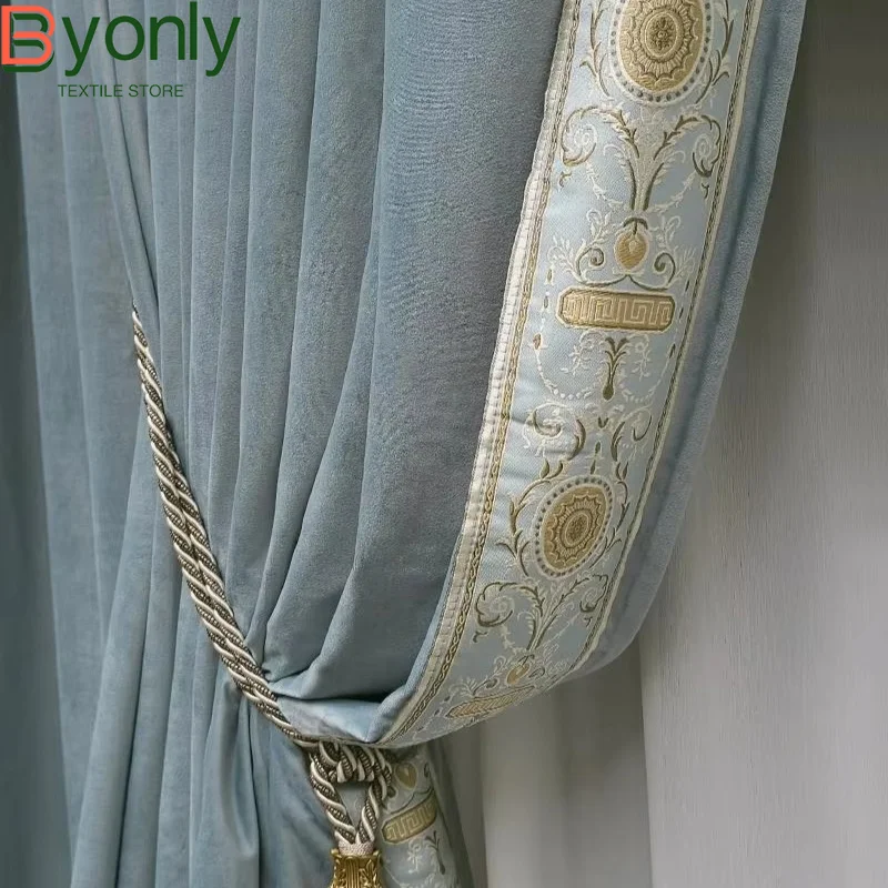 New Style Blue Embroidered Lace-spliced Velvet Curtains for Living Room Bedroom Villa French Window Customized Finished Product