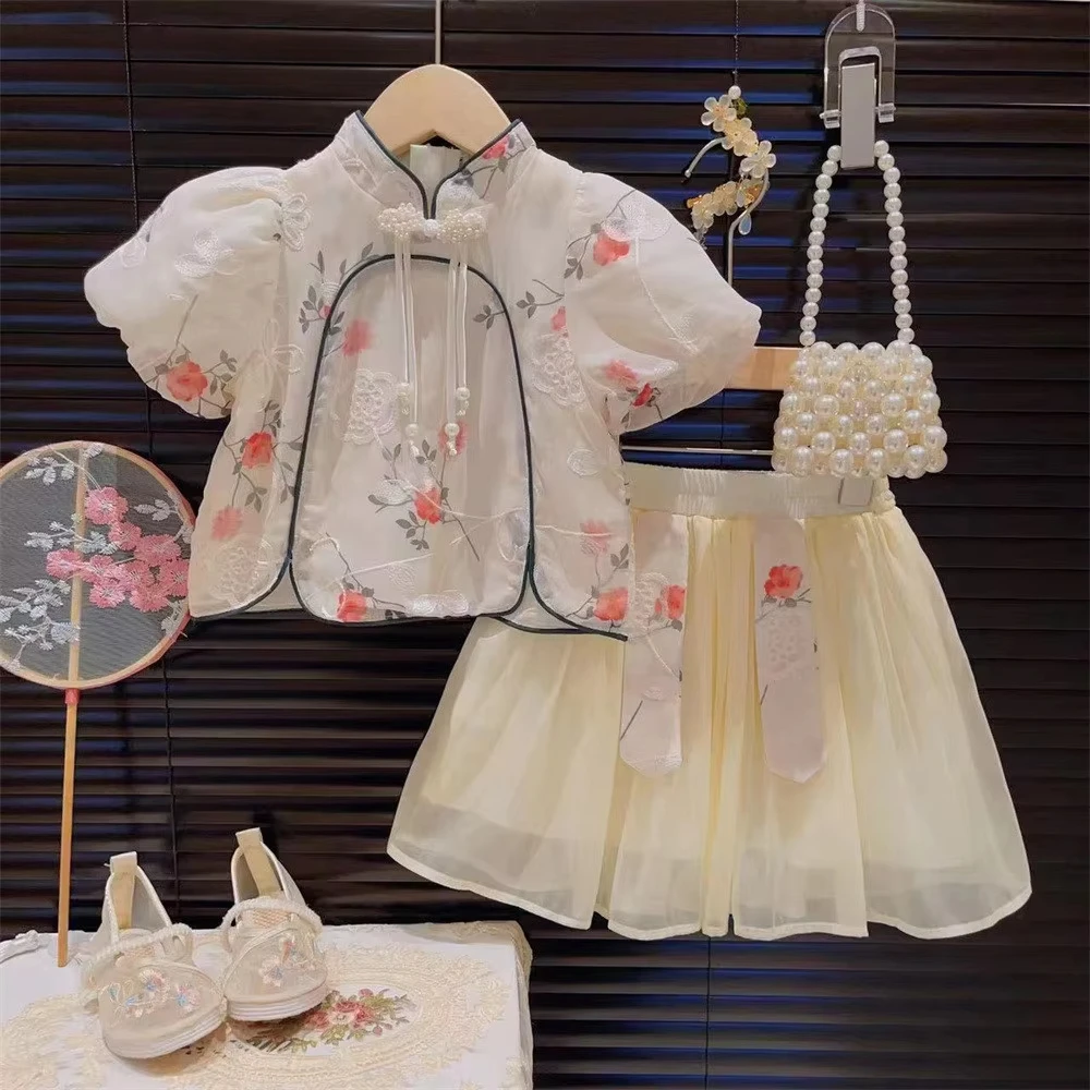 Chinese Style New Sweet Girl Clothes Set Bubble Sleeve Frog Flower Embroidery Top + Short Skirt Two-piece Suit 2-7 Years Wear