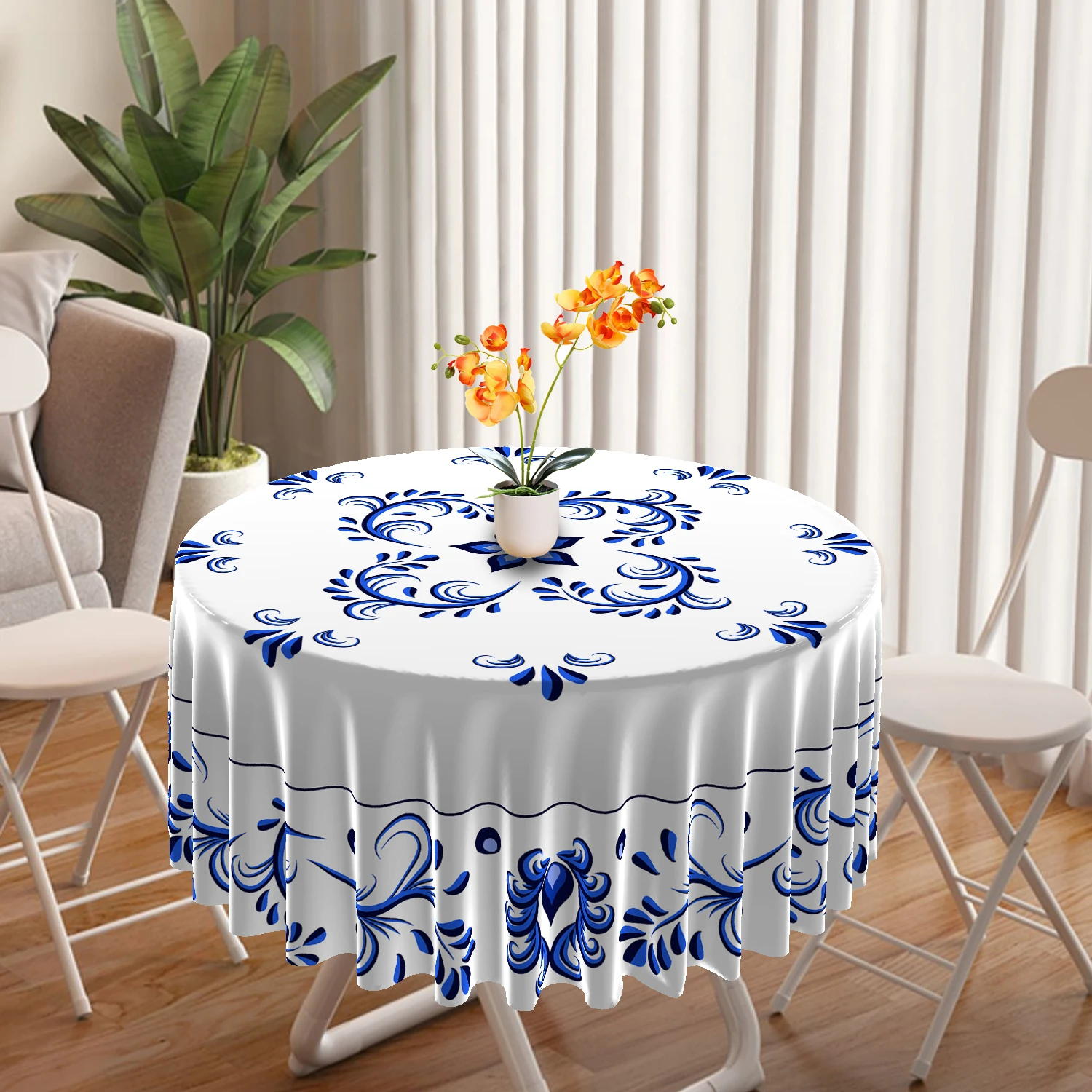 

1 Piece Retro Blue White Porcelain Circular Tablecloth Waterproof Terrace Tapestry Curtain Head Multi-purpose 63 inch Tablecloth