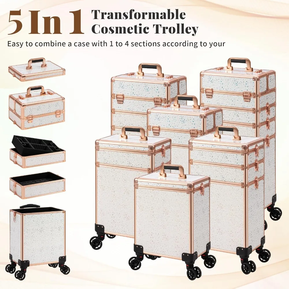 5 in 1 Makeup Train Case Rolling, Wheels, Large Cosmetic Organizer