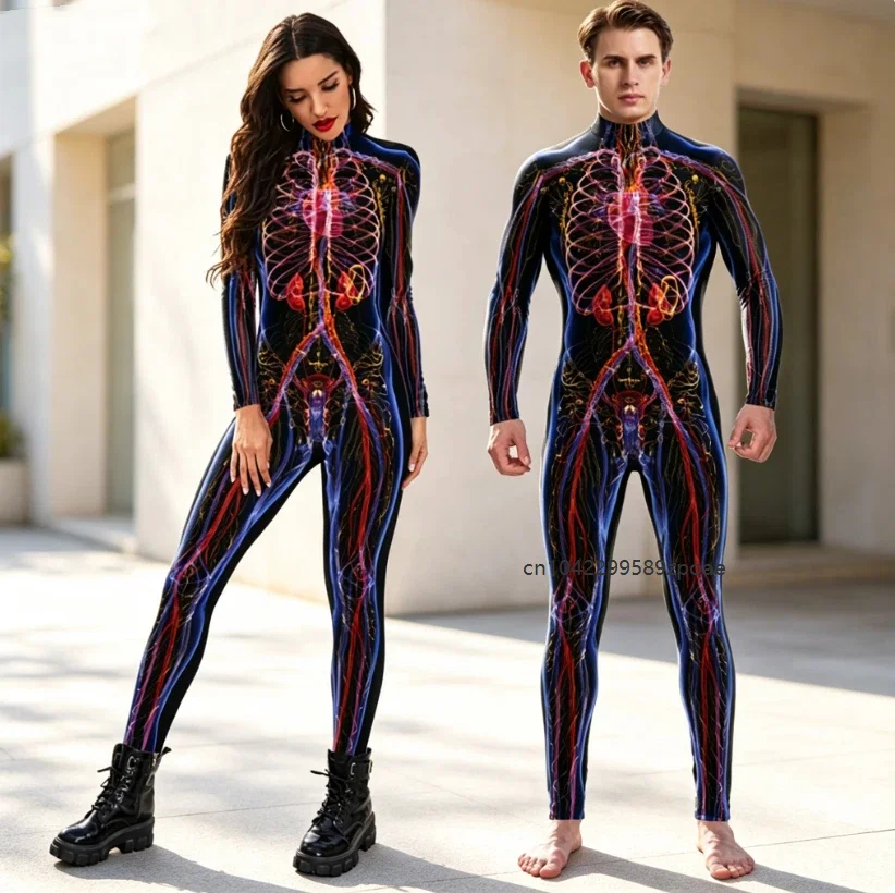 Halloween Skeleton Printing Sexy Couples Bodysuits Adult Long Sleeve Party Tight Jumpsuits Whole Skull Cosplay Costumes Zentai