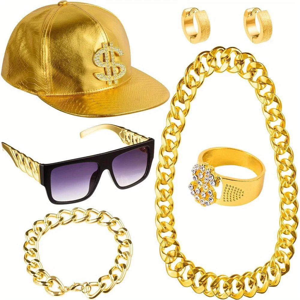 

90s clothing Hip Hop clothing kit Metal chain flat top sunglasses Rapper large chain necklace and bracelet Hip hop Gold hat
