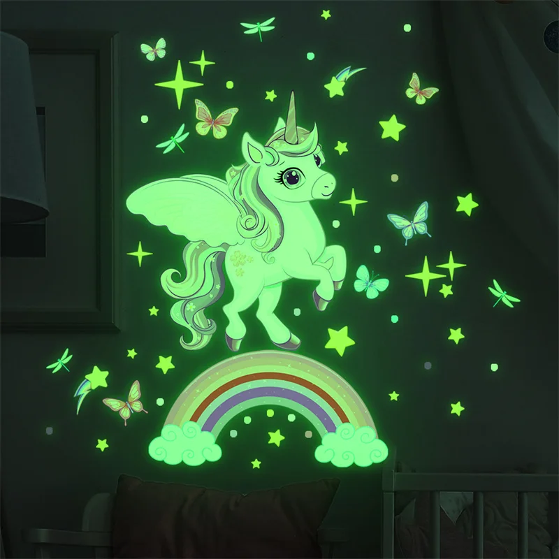 Glow in The Dark Unicorn Wall Stickers Fluorescent Butterfly Decal Glowing Star Rainbow Ceilling for Kids Room Aesthetics Decor