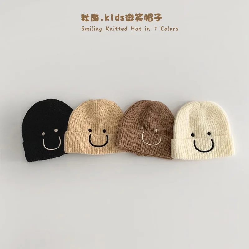 

1-4Y Autumn Winter Knitsuit Boy Girl Children Solid Smiling Face Casual Knitted Hat Baby Warm Soft Cotton Cap Kid Kniting Caps