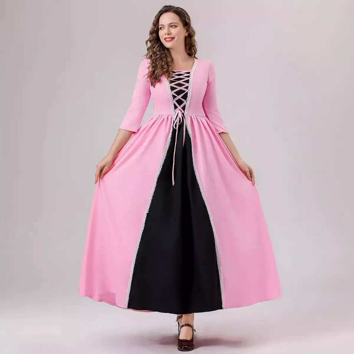 大人用ローランドコートコスチューム中世風レトロピンクロングドレスパフォーマンス衣装伝統的な民族衣装女性用ステージ衣装
