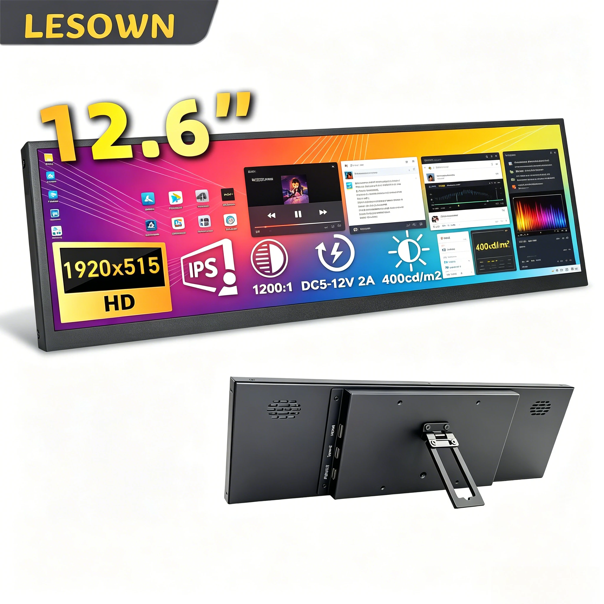 LESOWN 12.6" Ultra-slim Stretched Bar Screen 1920x515 HDMI/Type-C Desktop Secondary Display for Editing