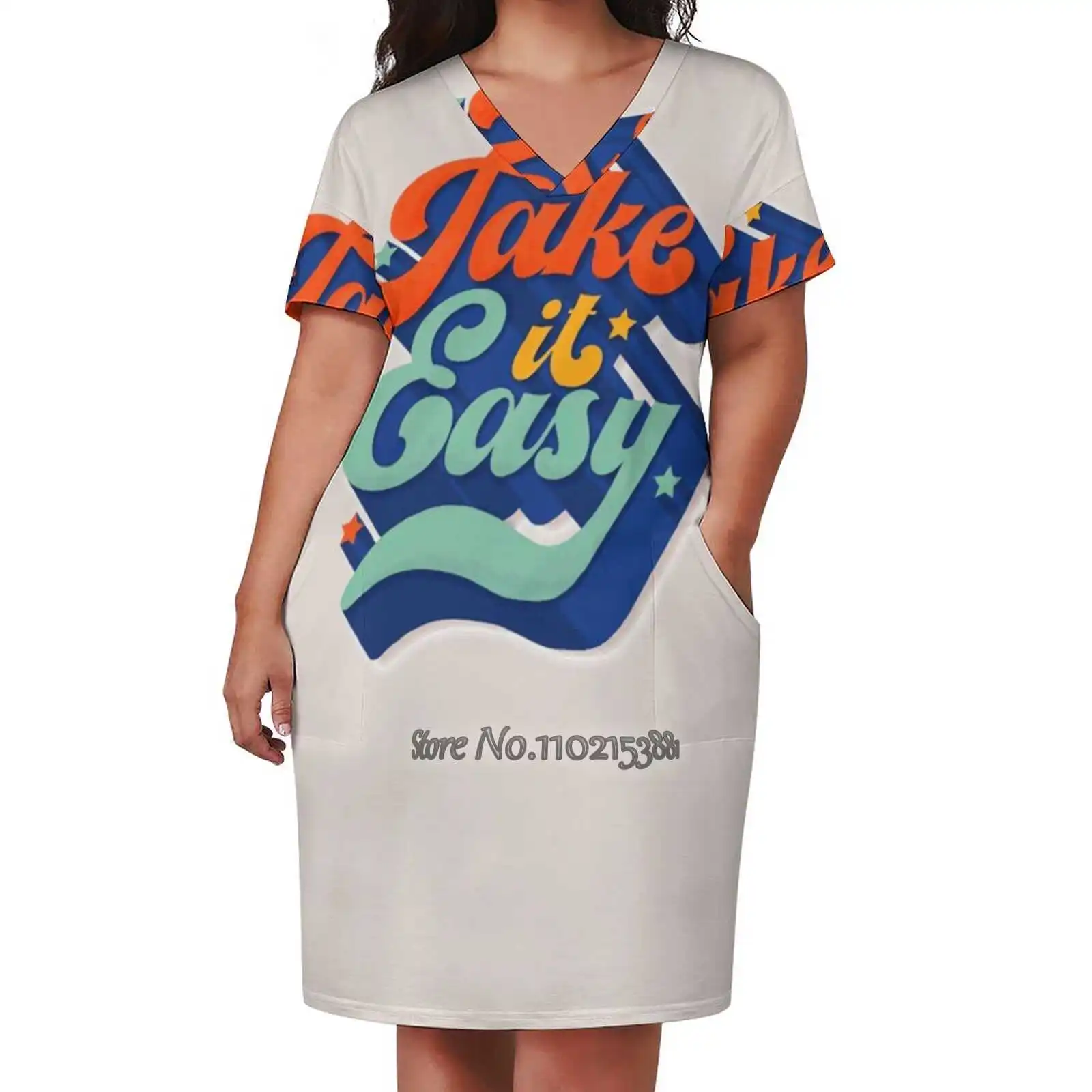 Take It Easy Positive Type Sexy V-Neck Dress Fashion Casual Printed High Quality Short Sleeve Skirt 5Xl Typography Message Text