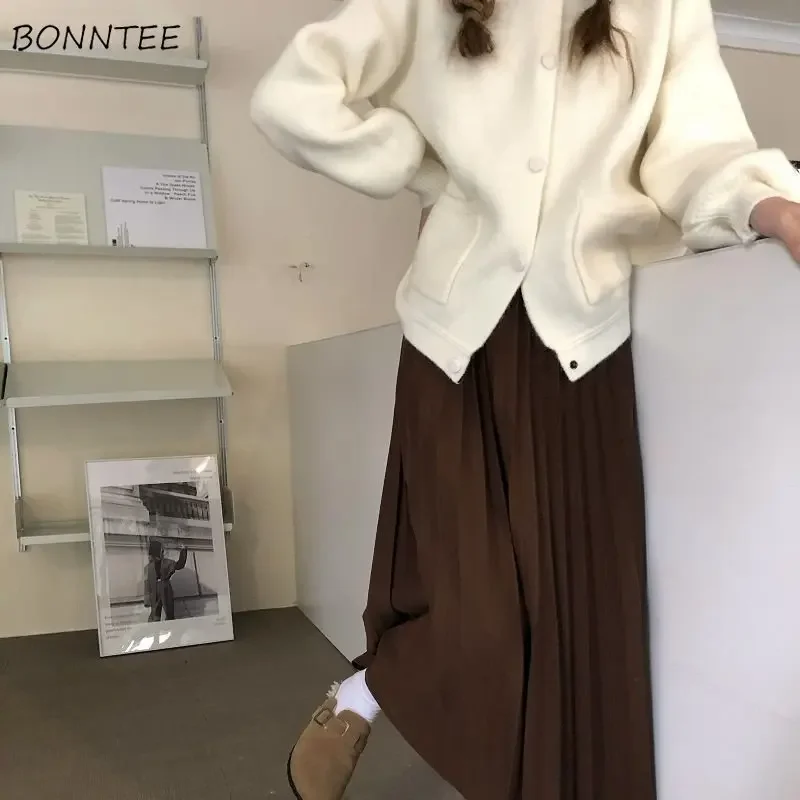 

Плиссированные юбки-миди с высокой талией, женские нежные офисные женские простые однотонные шикарные винтажные уличные одежды Mori Girl, универсальные Harajuku