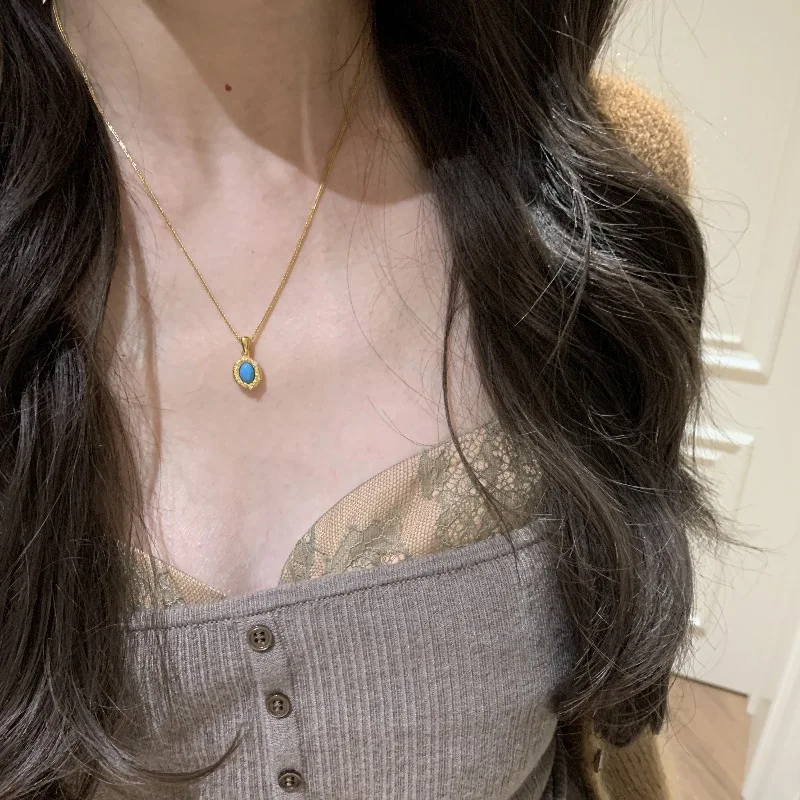Vintage brushed turquoise necklace rings earrings for women fashion antique gold crafts diamond inlay blue fashion jewelry sets