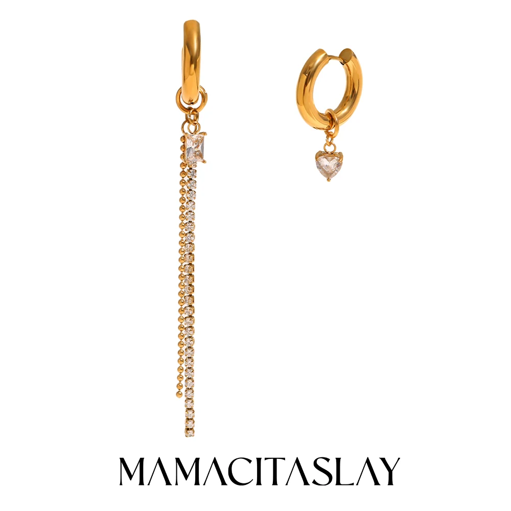 MamacitaSlay Tassel Zircon Chain Beads Chain Heart Rectangular Zircon Left And Right Asymmetry Ladies' earrings beautiful women