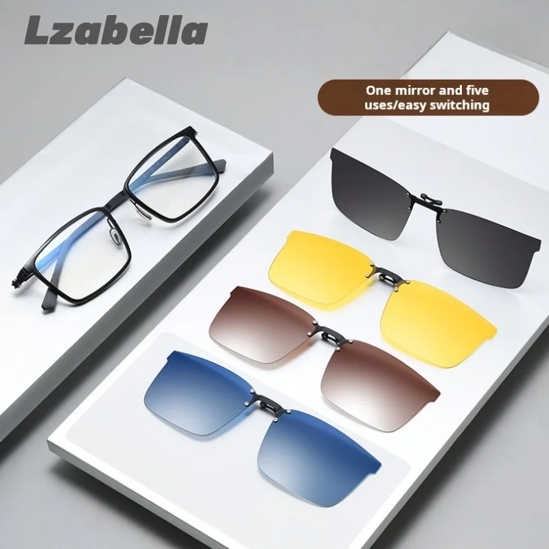 Lzabella Men's 5 and 1 Square Eyeglass Frames Magnet Clip-On Rimless Eyeglasses Night Vision Polarized Glasses 8867TJ