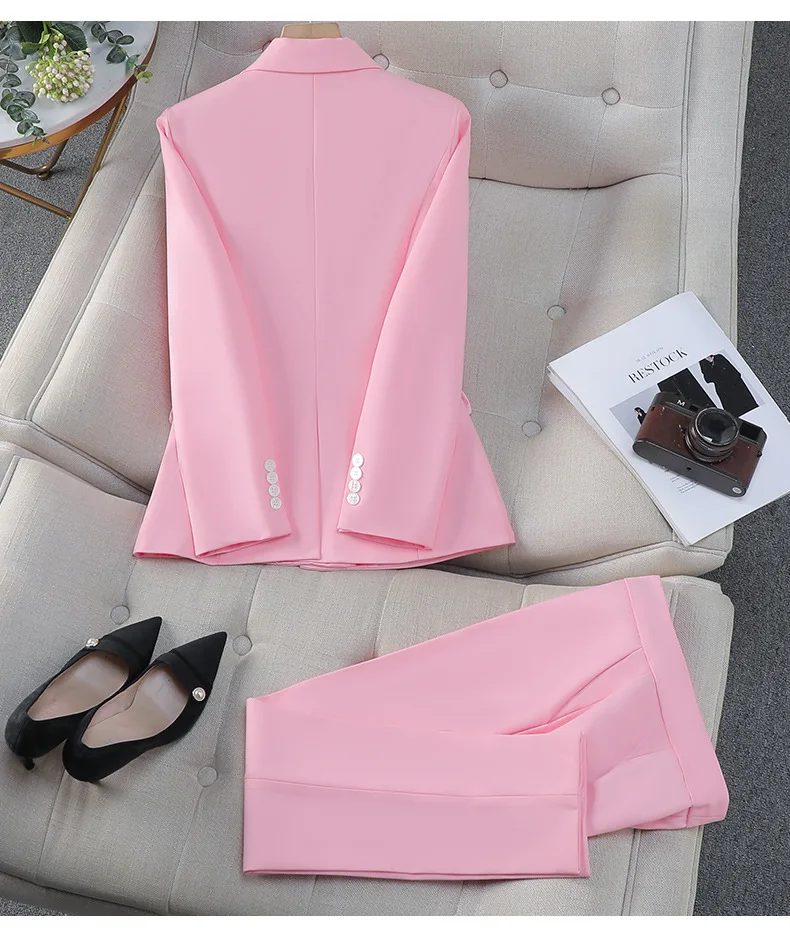 Pink Women\'s Suit Blazer Pants Casual Office Lady Pant Sets Single Breasted Jacket 2 Piece for Graduation Wedding Outfits