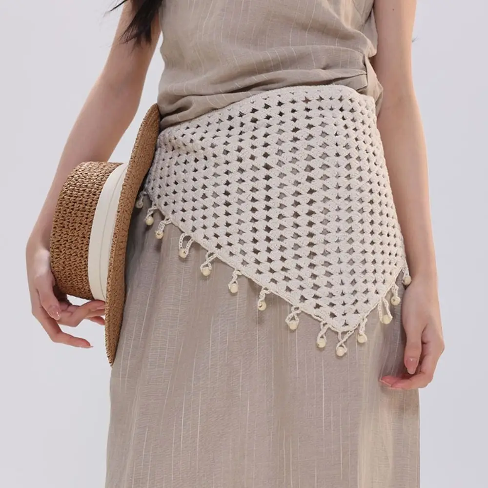 Countryside Tassel Knitted Triangle Scarf for Women Exotic Crochet Flower Scarves Fart Curtain Jeans Waist Seal Layered Skirt