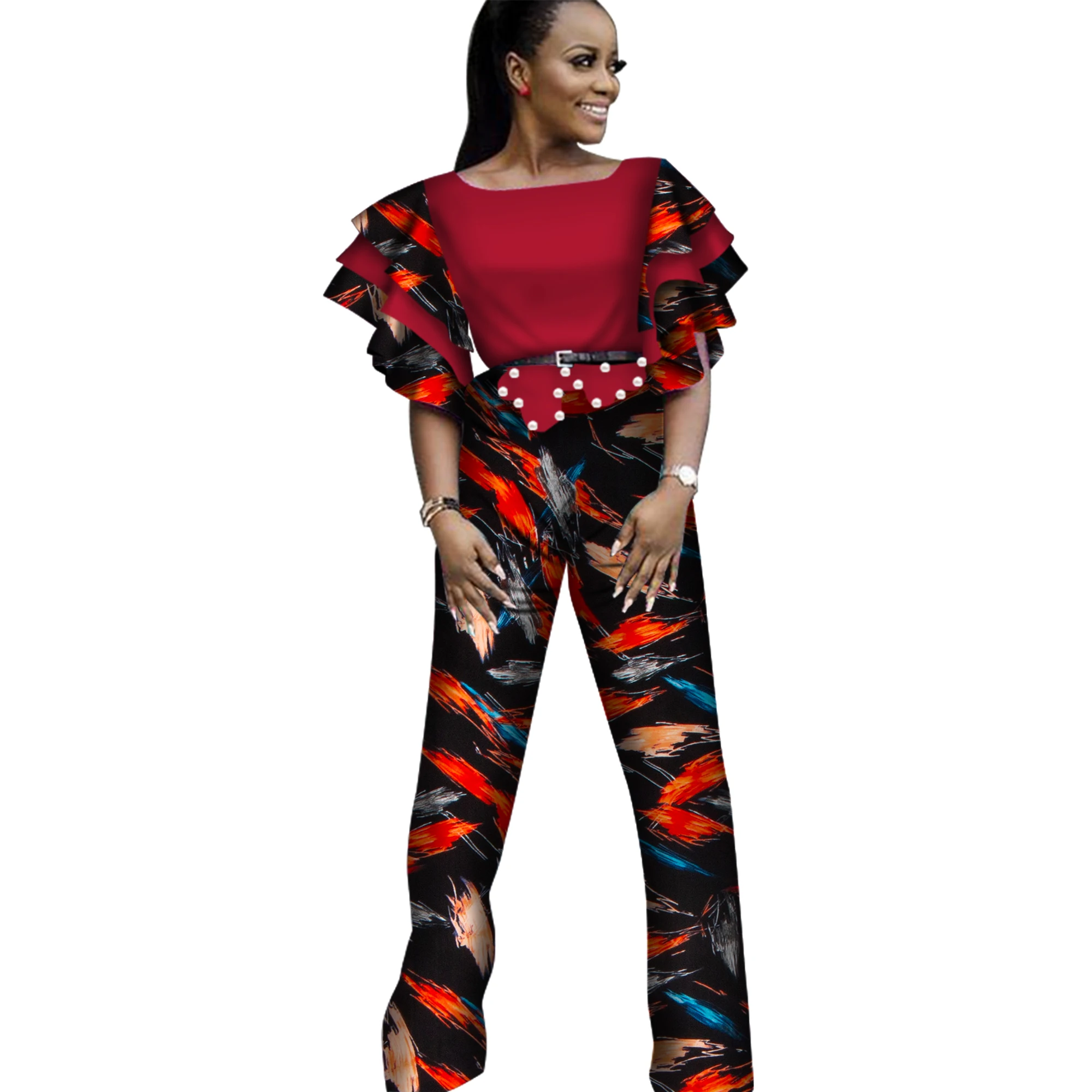 

African Jumpsuit for Women Sexy Ruffles Sleeve Jumpsuit Dashiki Clothing Pure Cotton Batik Wax Printed Clothing BRW WY2579