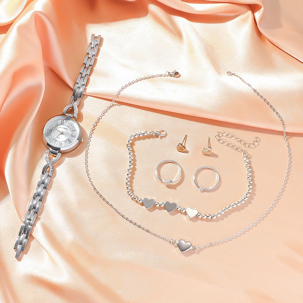 Relógio de quartzo feminino conjunto de moda pulseira relógio feminino conjunto de jóias 5 pçs pulseira colar brincos anel relógios presente com