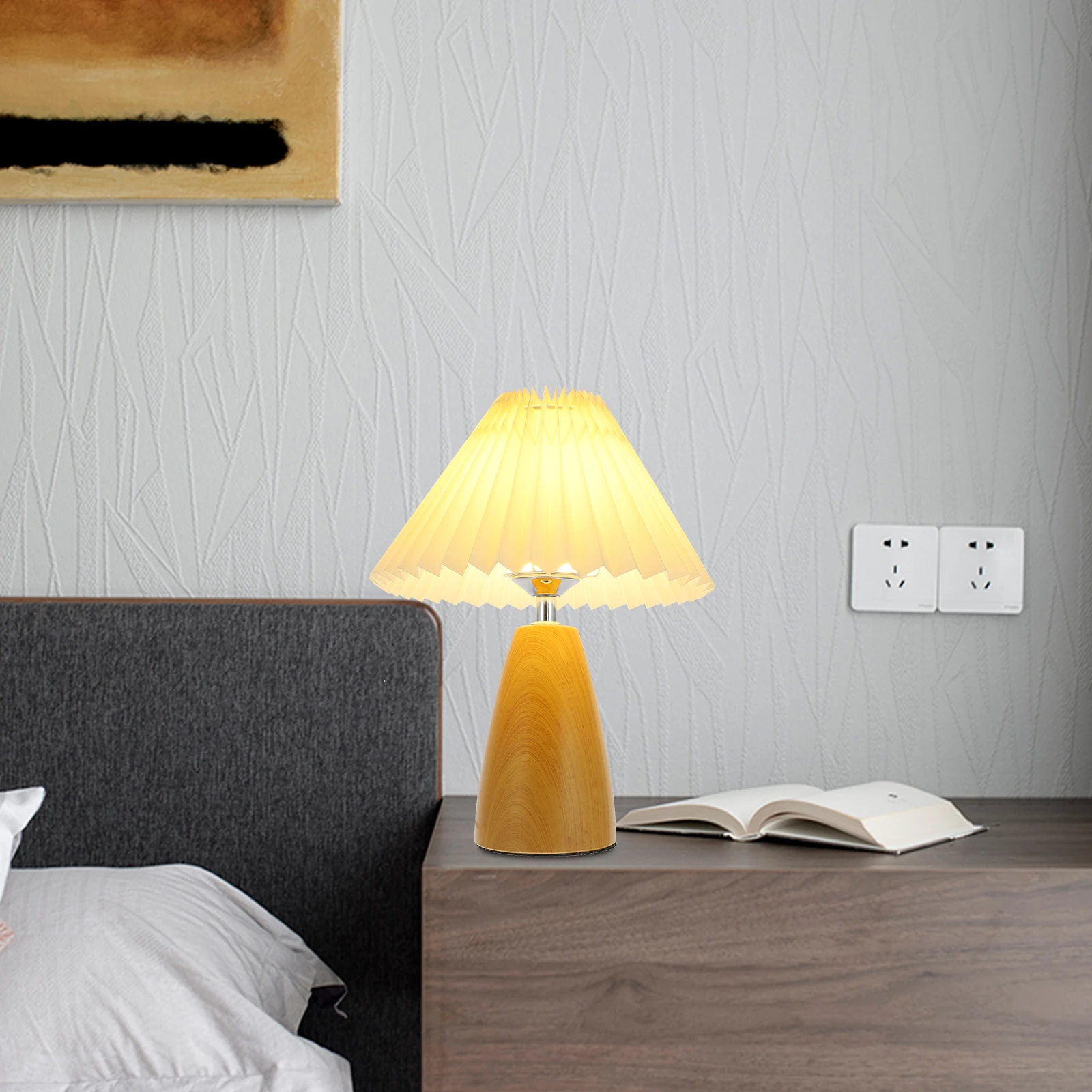 

Wood Grain Table Lamp with USB Night Light Lamps Bedroom Bedside Port Small Nightstand