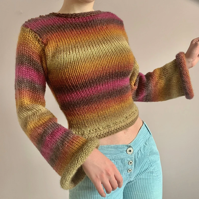 Women Long Sleeve Crop Top Crochet Knit Color Block Pullover Jumper Tops Loose Patchwork Shirts 90S Streetwear