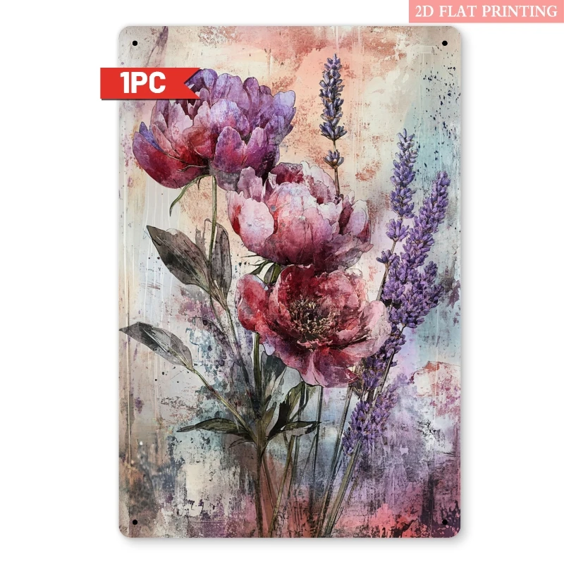 Vintage Metall-Blechschild mit Pfingstrosen und Lavendel, 20x30cm, Blumen-Wanddekoration, Eisenplakette für Wohnzimmer und Balkon