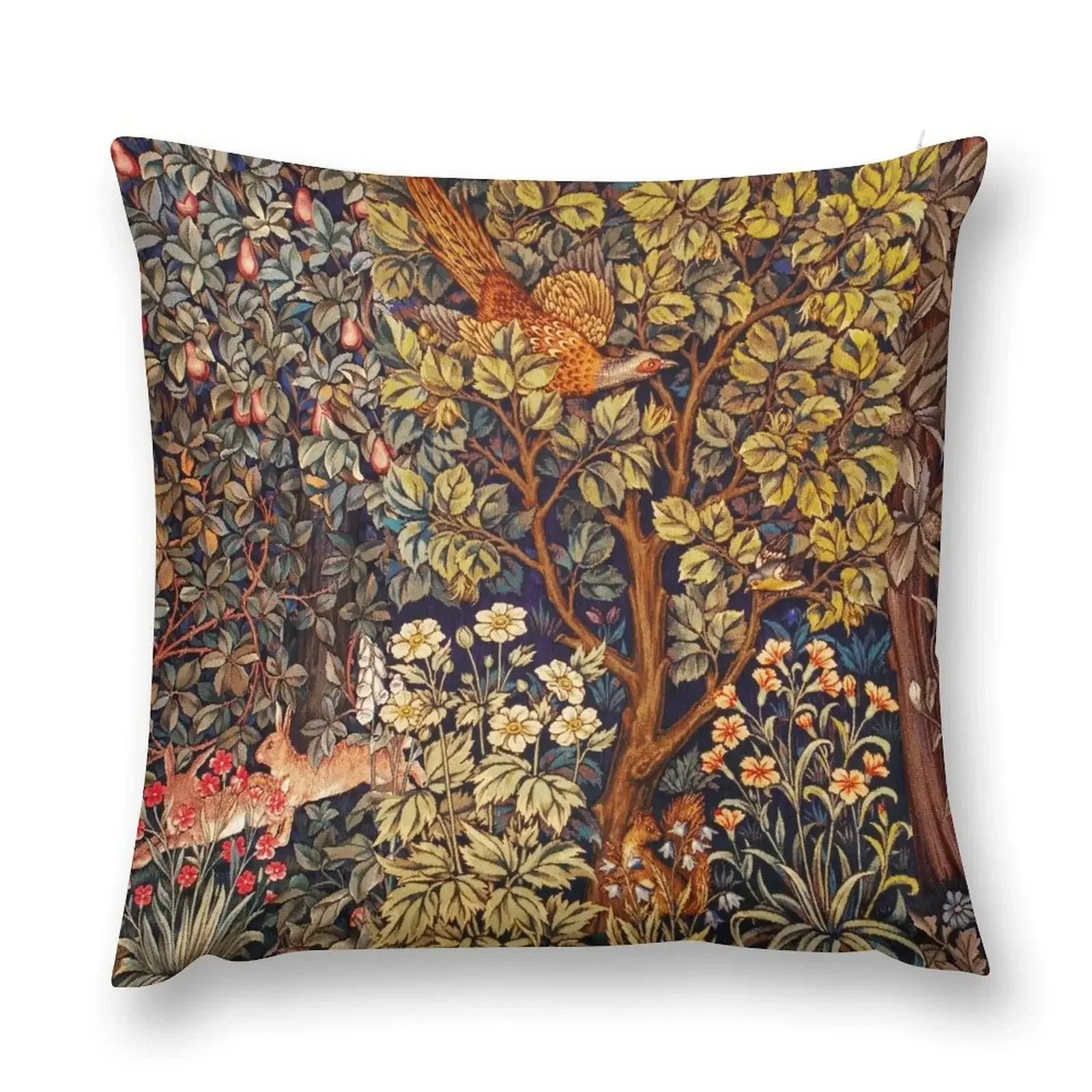 GREENERY,FOREST ANIMALS Pheasant on Autumn Tree,Squirrel,Hares,Red Yellow Floral Tapestry Throw Pillow