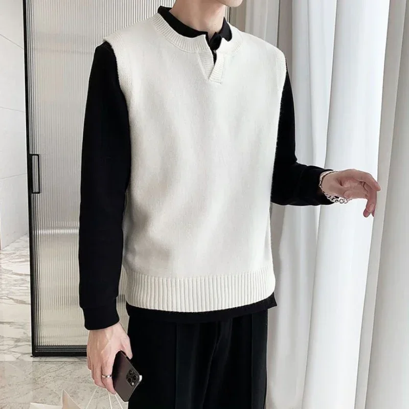

Knitted Sweaters for Men Waistcoat Sleeveless Vest Man Clothes White V Neck Smooth Korean Fashion A Best Selling Products 2024 X