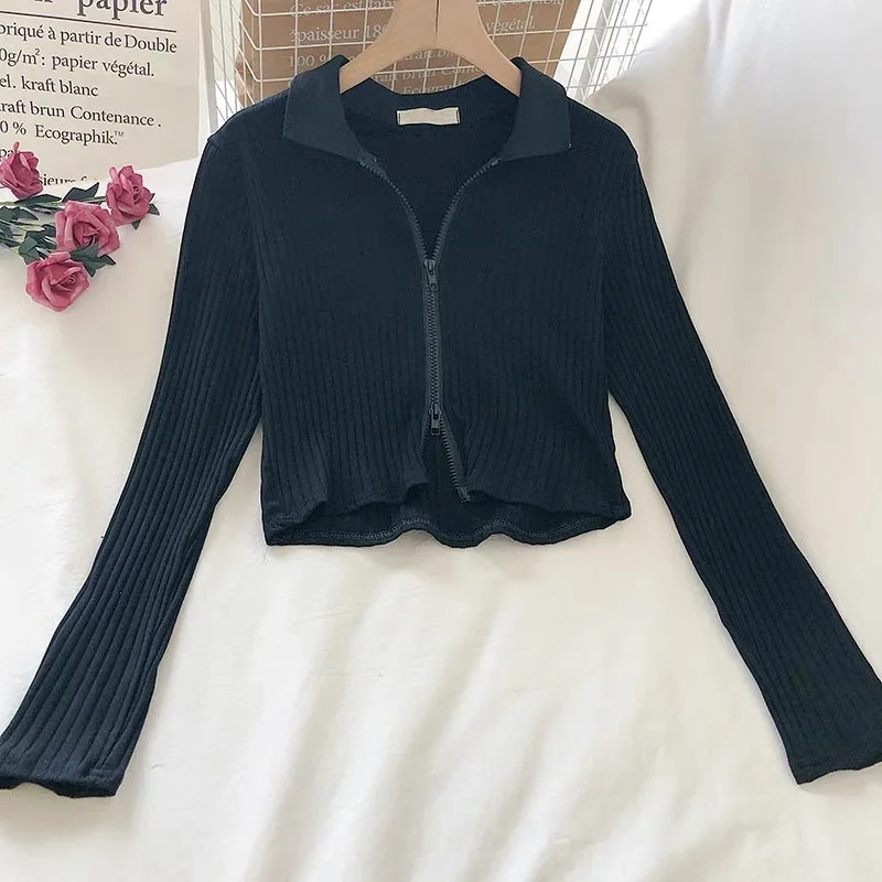 Girls T-S Spring And Autumn New Korean Flip Collar Zipper Cardigan Long Sleeved Elastic Slim Fit Solid Color Cotton Bottom