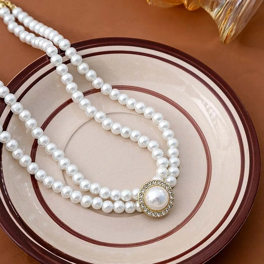 Fashion Gold White Color Pearl Necklace Beads Party Pearl Chain Luxury Portable Clavicle Beads Chain Pearl Necklace