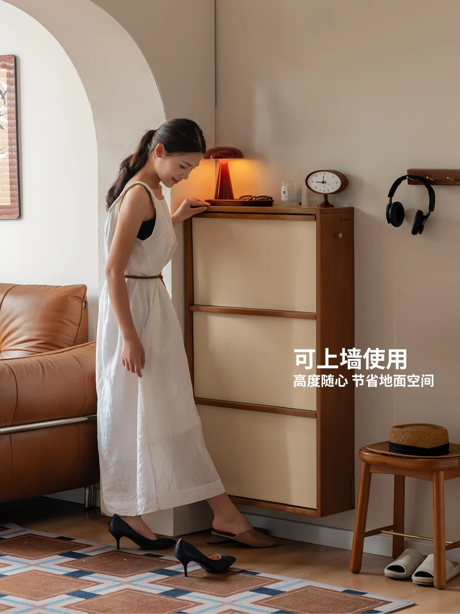 

Solid wood shoe cabinet, antique wall cabinet in living room, ultra-thin flap door cabinet, household small apartment