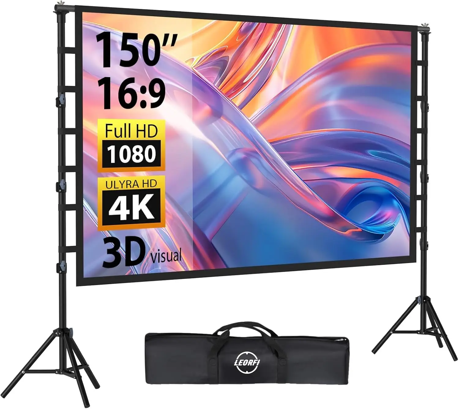 

150-дюймовый портативный экран для проектора с регулируемой подставкой, 4K HD, без складок, для домашнего кинотеатра (для использования внутри и снаружи помещений)