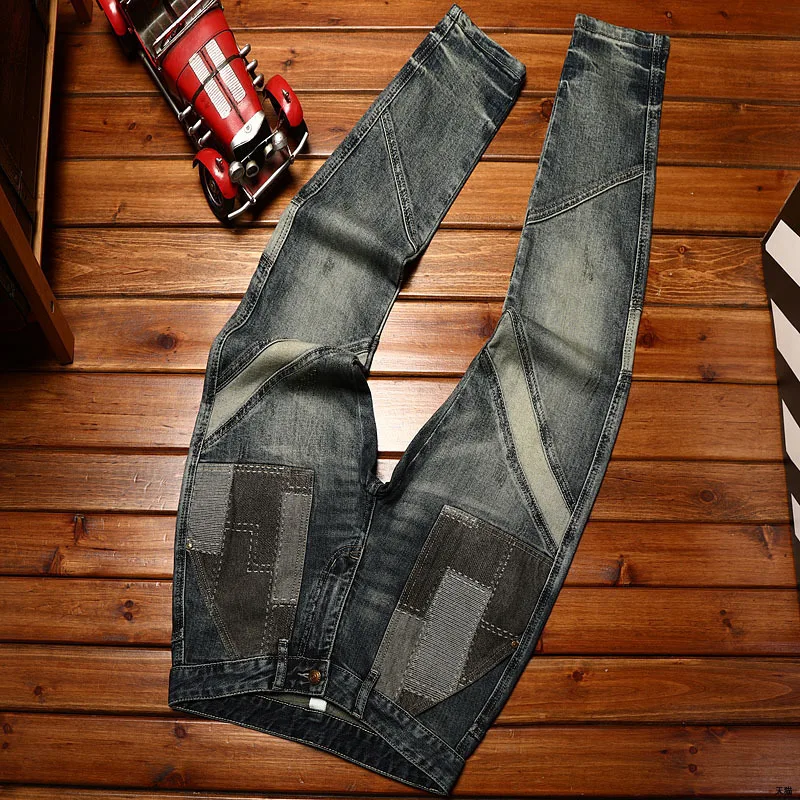 Men's motorcycle jeans stitching patch fashion street fashion retro high-end stretch personality slim fit skinny pants