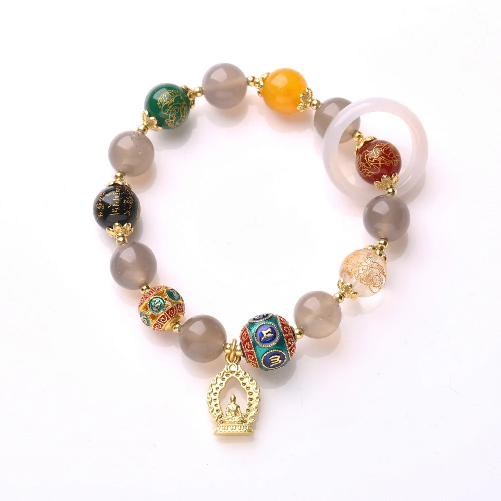 

Natural Agate Five Way God of Wealth Bracelet for Women Smoky Purple Agate Buddha Beaded Bracelet Gifts