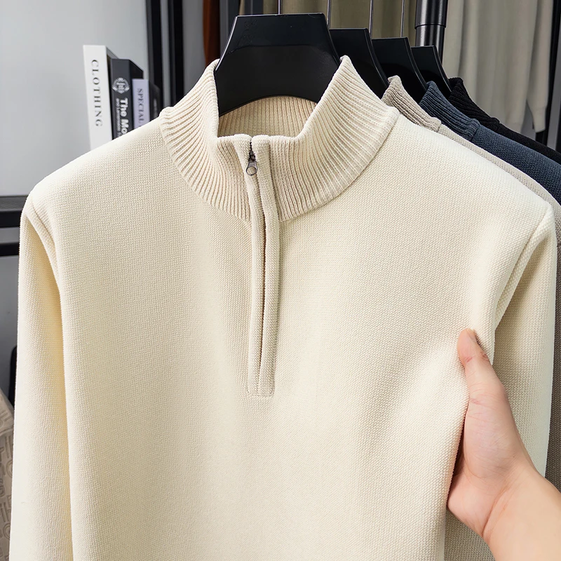 

High End Knitted Wool Sweater Men's Half Height Zipper Collar Middle-aged Winter Thick Pullover Base Sweater Dad Sweater Men